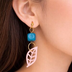 Handmade Pink and Blue Leaf Earrings